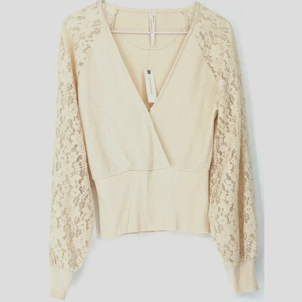 Anthropologie NWT Lace Slv Ribbed Knit Surplus Top Cream XS Cottagecore Romantic